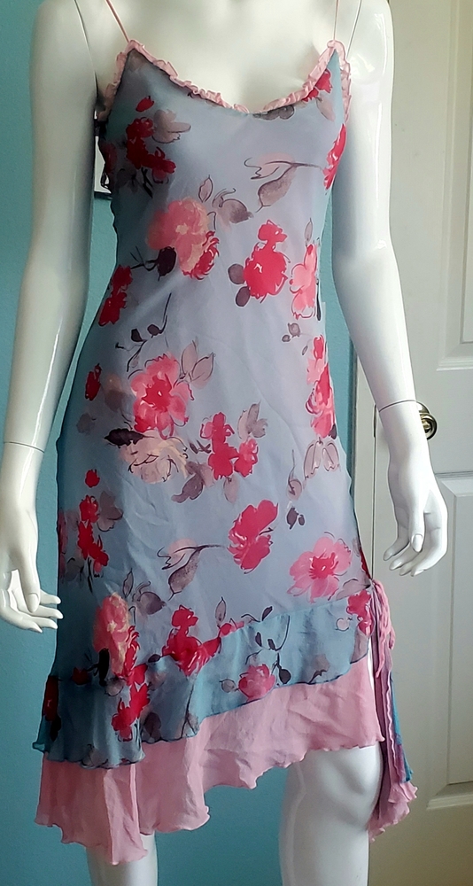 Express Floral Silk Dress w/ asymmetric ruffle hem